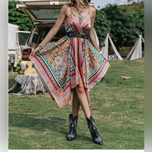 Rusttydustty Scarf Print Hanky Hem Cami Bohemian Dress Size Small - Picture 2 of 11